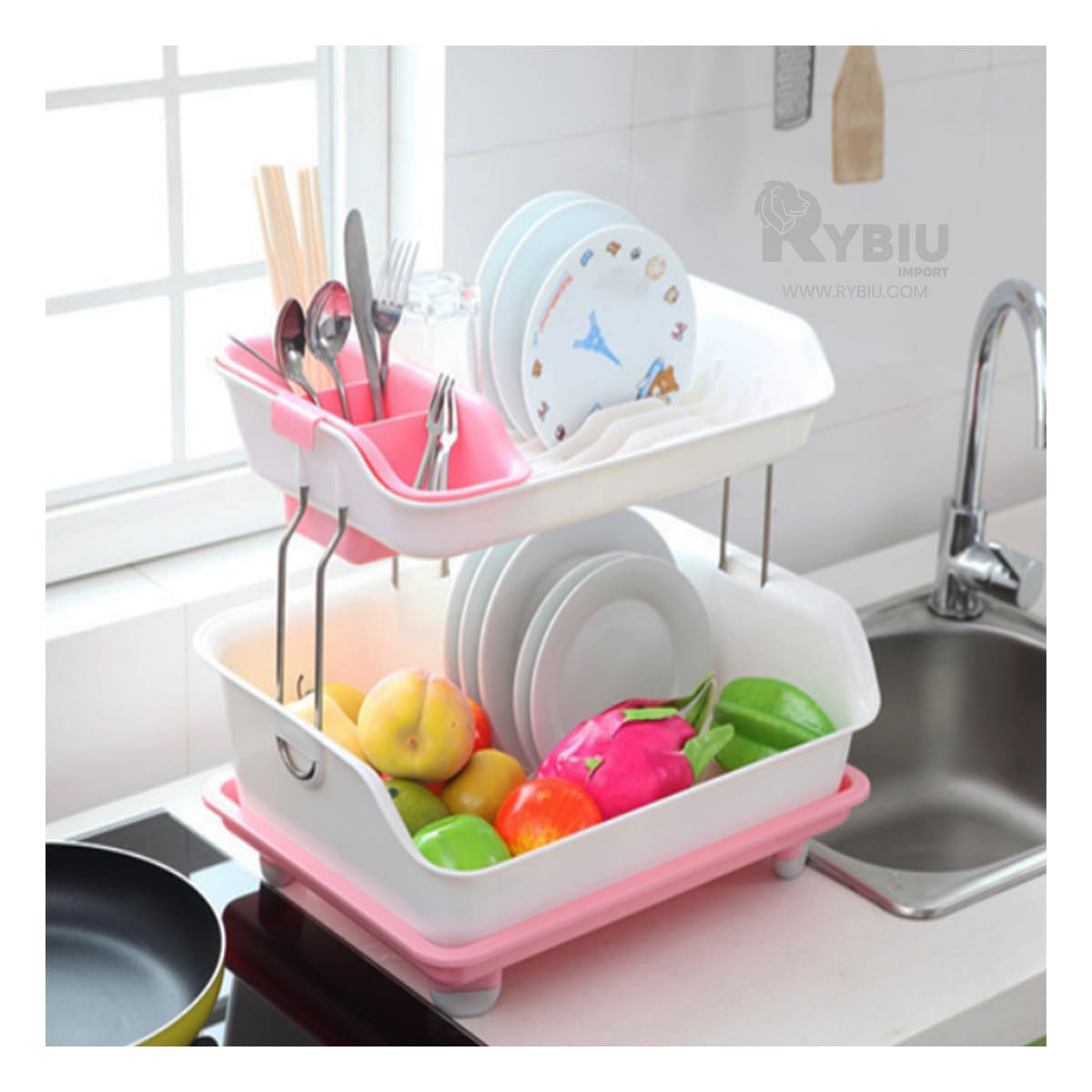 Escurridor de Platos con Dos Niveles en Rosado