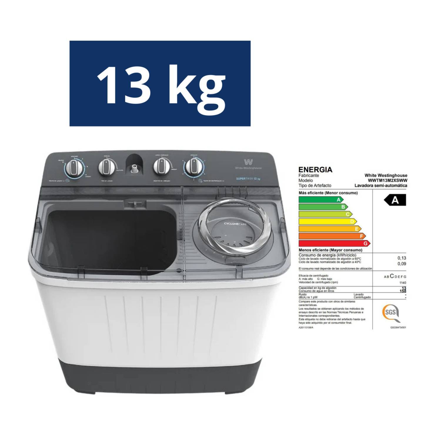 Lavadora Doble Tina Semiautomática Westinghouse 13 Kg WWTM13M2XSWW