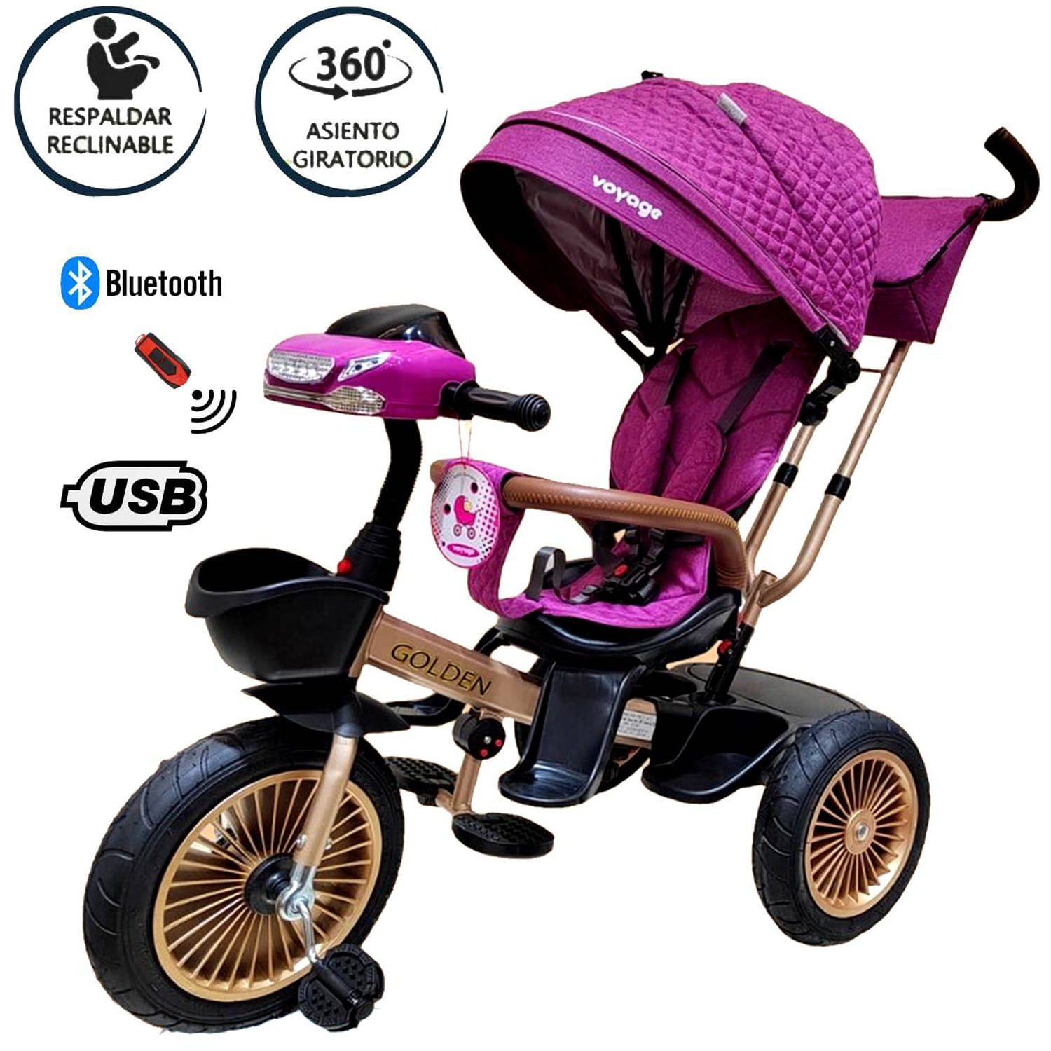 Triciclo Asiento Giratorio Voyage Golden con Tela UV Fucsia