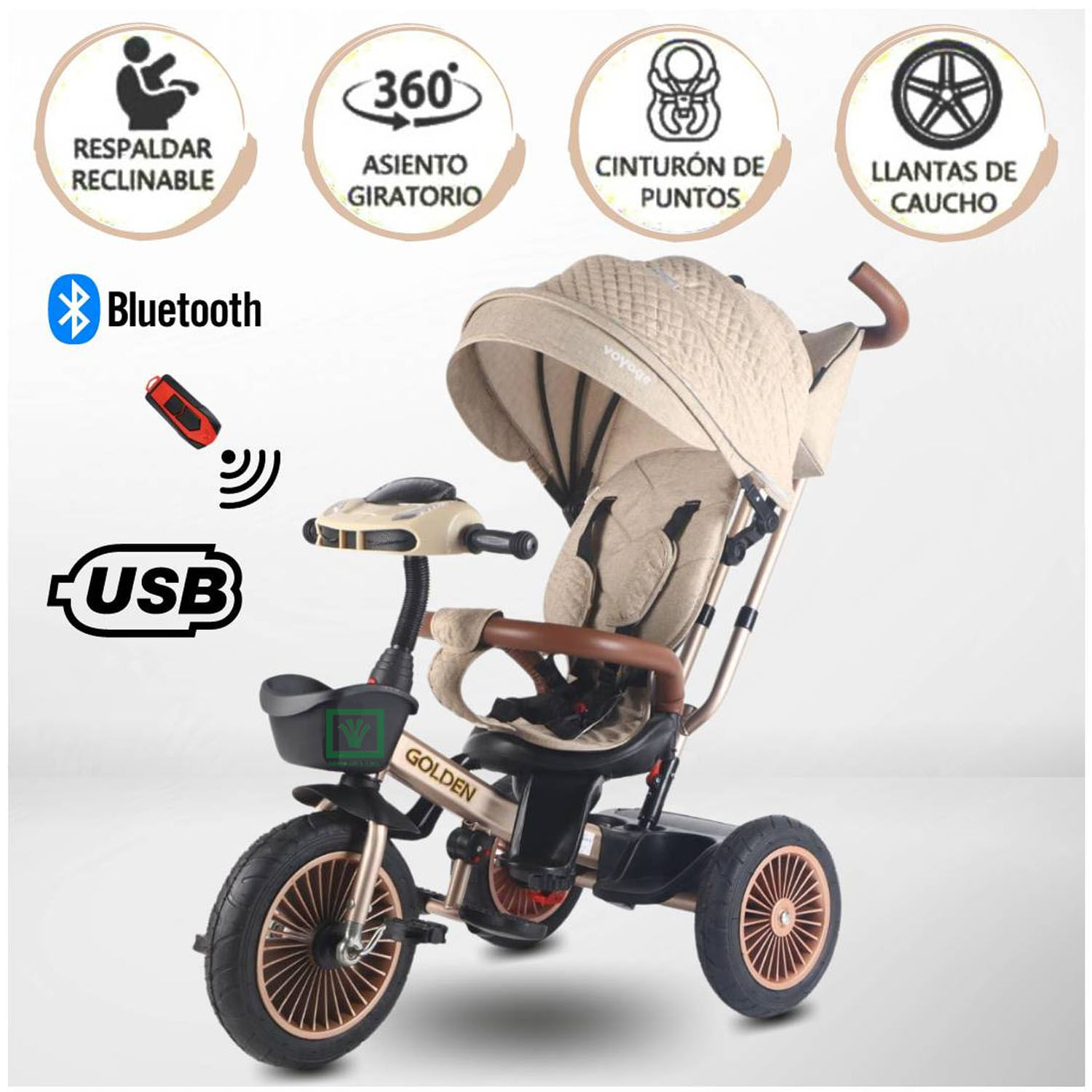 Triciclo Guiador 3 En 1 Voyage Golden II New Collection USB Beige