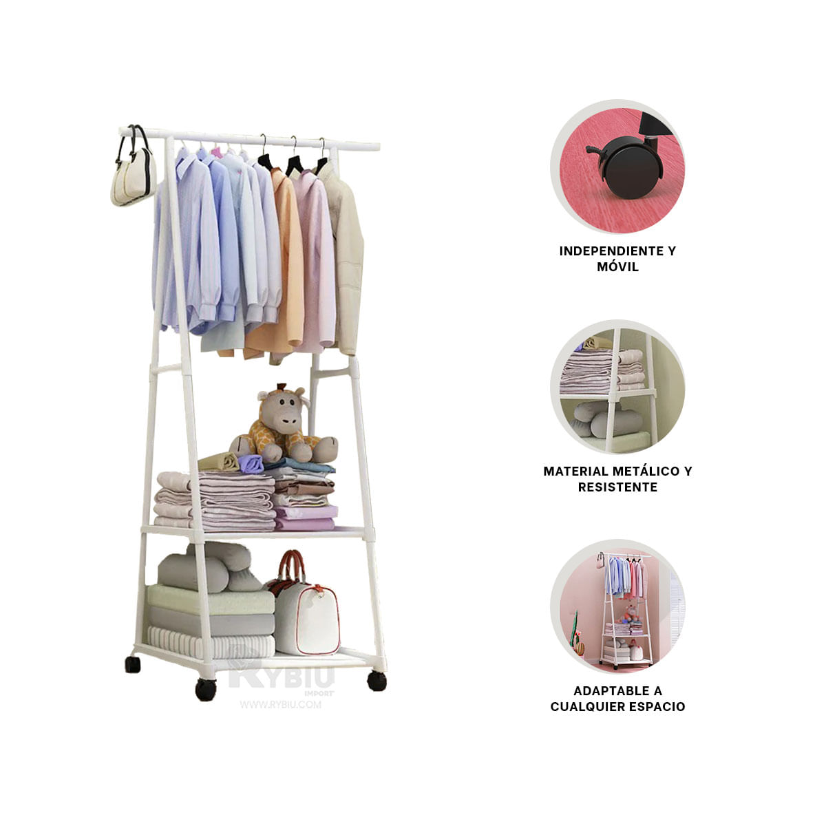 Perchero Metalico Movible Blanco para Baño