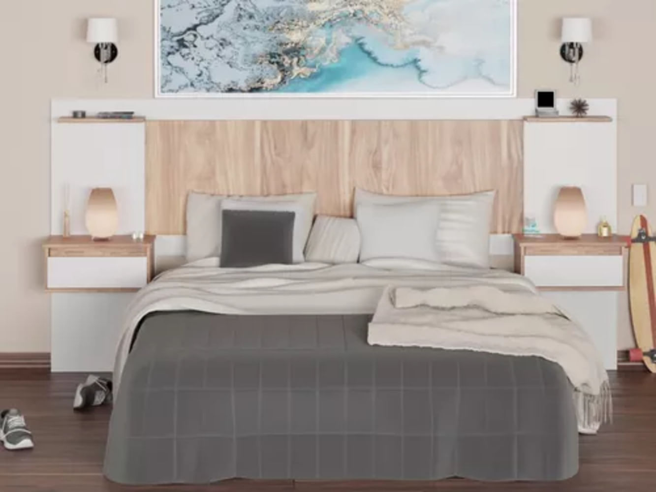 Cabecera de Cama Grecia con Mesa de Noche flotante Color Blanco/Duna TU MESITA
