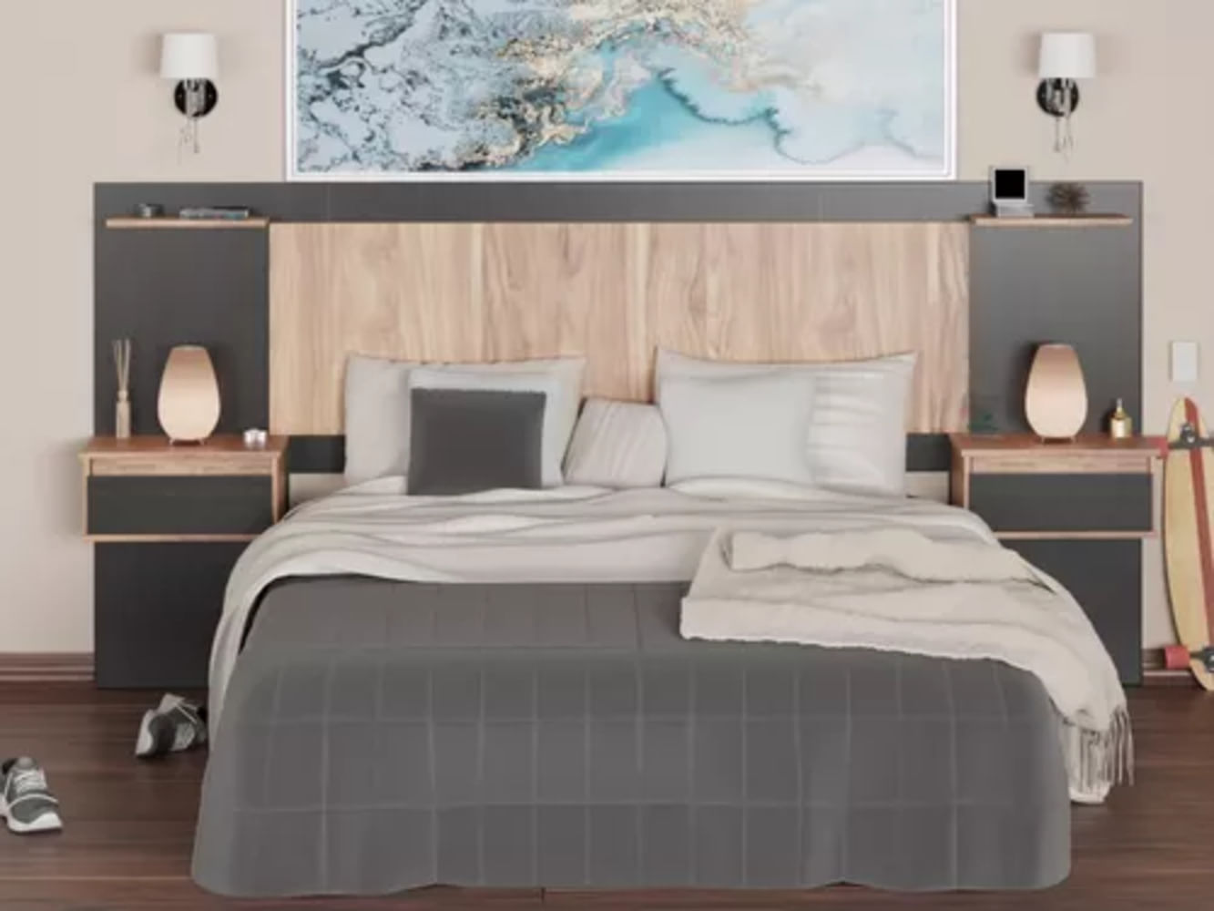 Cabecera de Cama Grecia con Mesa de Noche flotante Color Negro/Duna TU MESITA