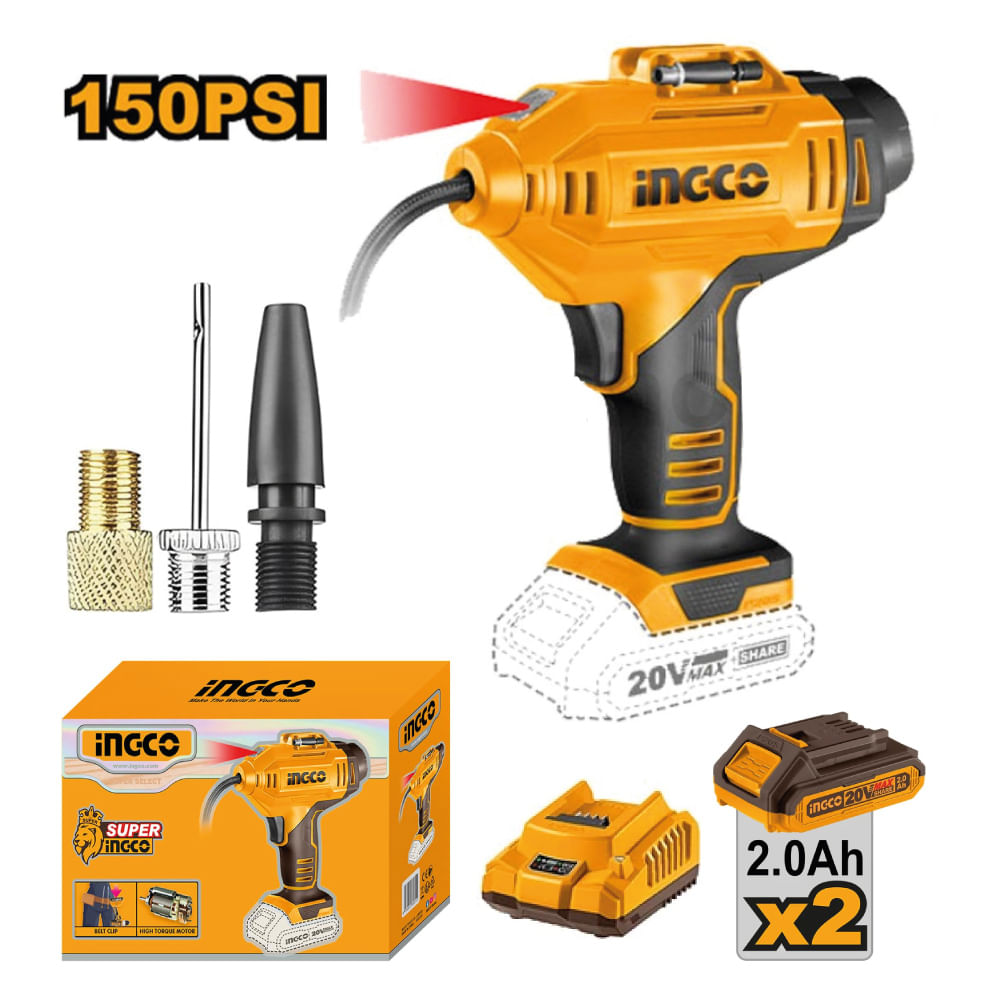 Compresor Inflador de Aire Automático Ingco 20V 150PSI 2 Baterías 2.0AH con Cargador CACLI2018