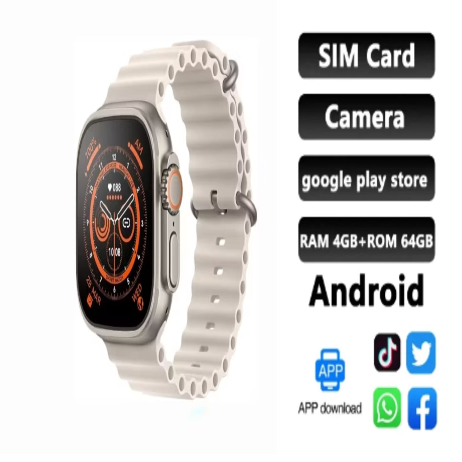 Smartwatch S9 Ultra con android 64GB Play Store y doble Cámara Beige