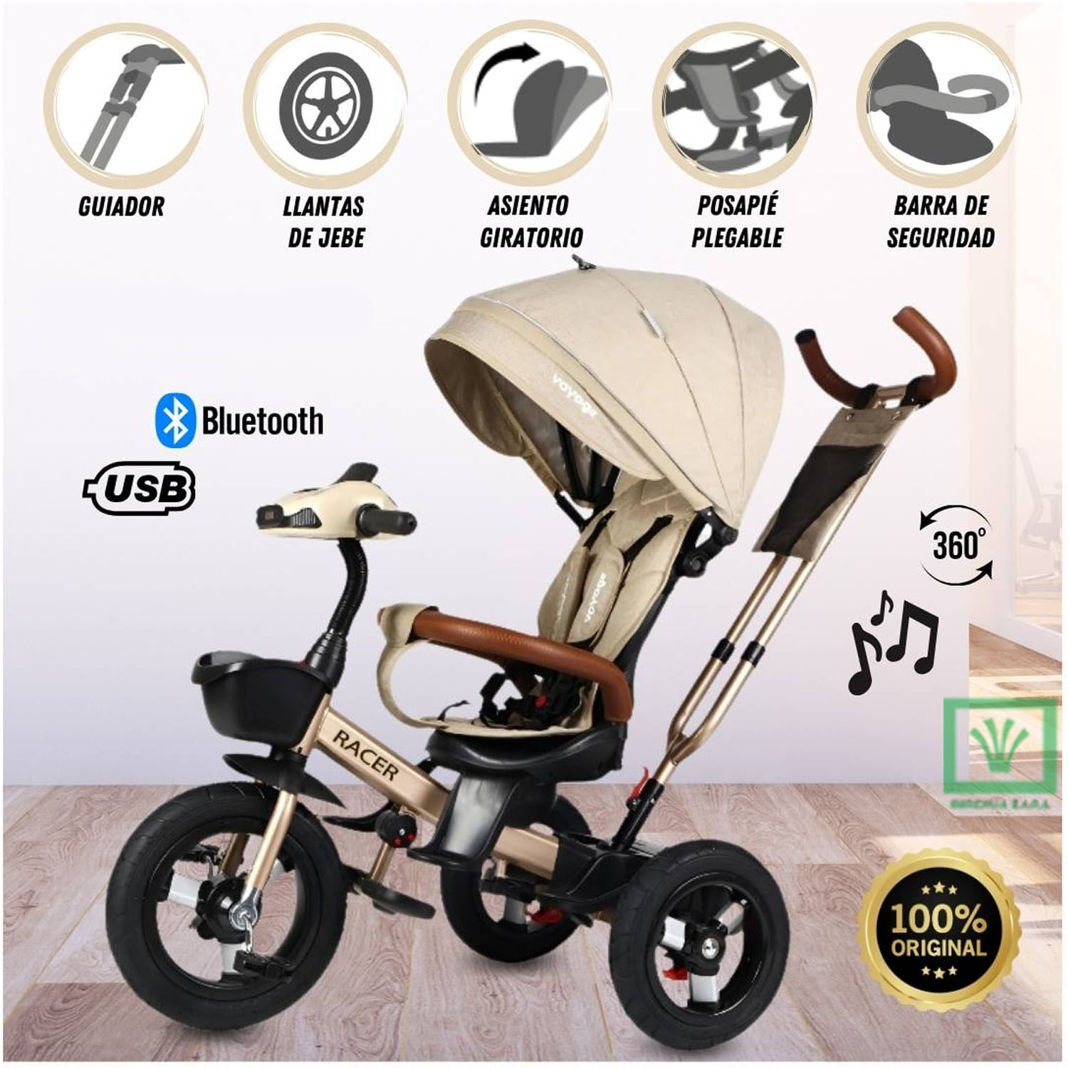 Triciclo Guiador para Niños Usb Bluetooh Laurent Beige