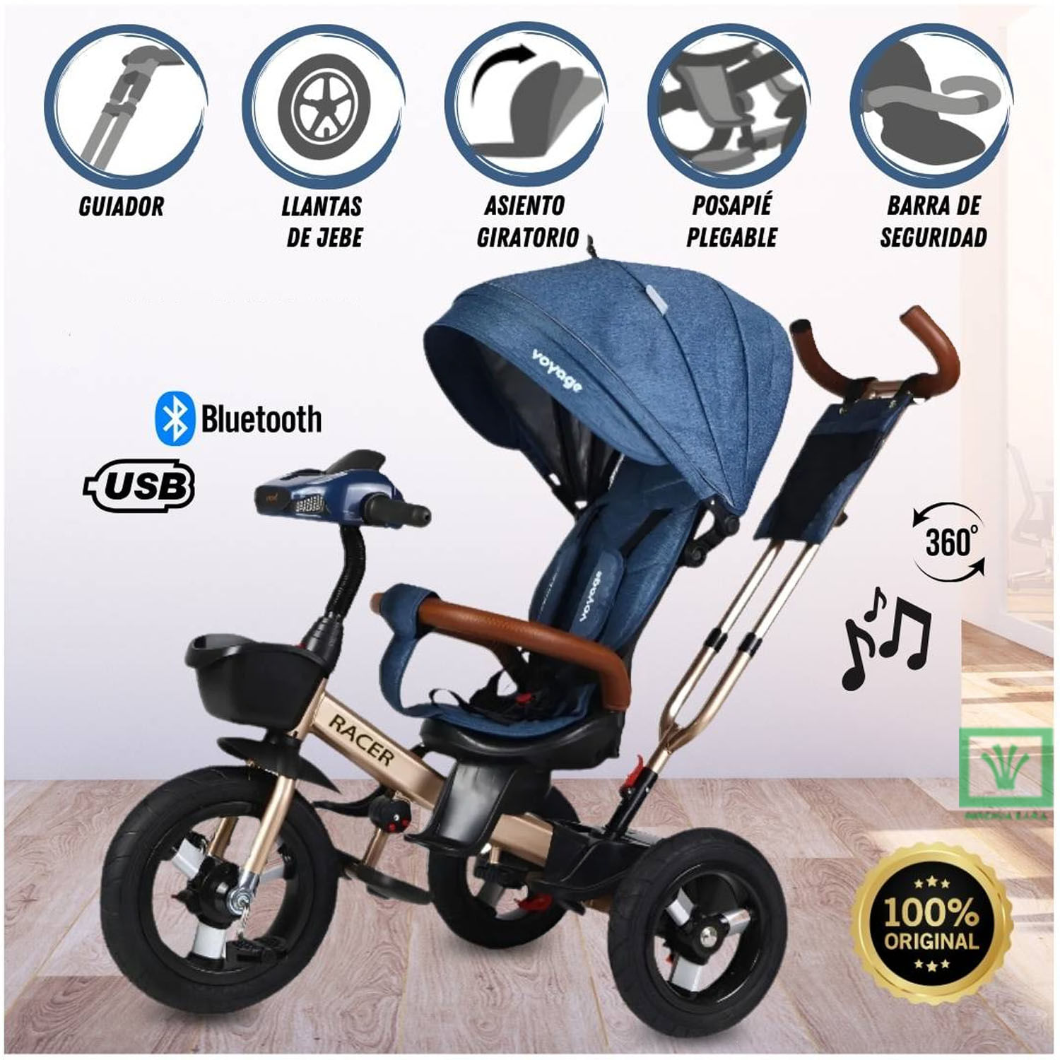 Triciclo Guiador para Niños Usb y Bluetooh Laurent Blue