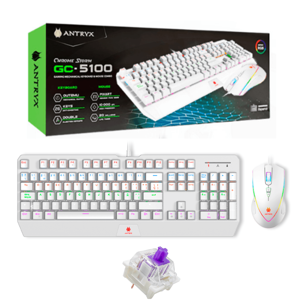 Combo Antryx Teclado Mecanico Y Mouse Gc-5100w Blanco Switch Purpura