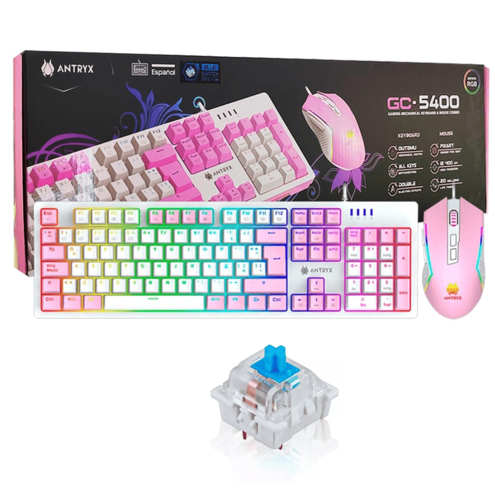 Combo Gamer Pink Teclado Mecánico  Mouse Antryx Gc-5400 Switch Azul