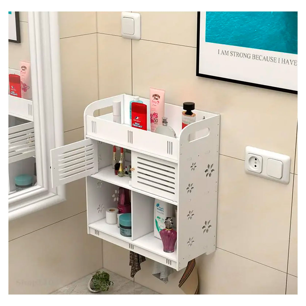 Organizador Estante De Madera MDF Para Baño Con Puertas Shampoo Cepillo Toalla