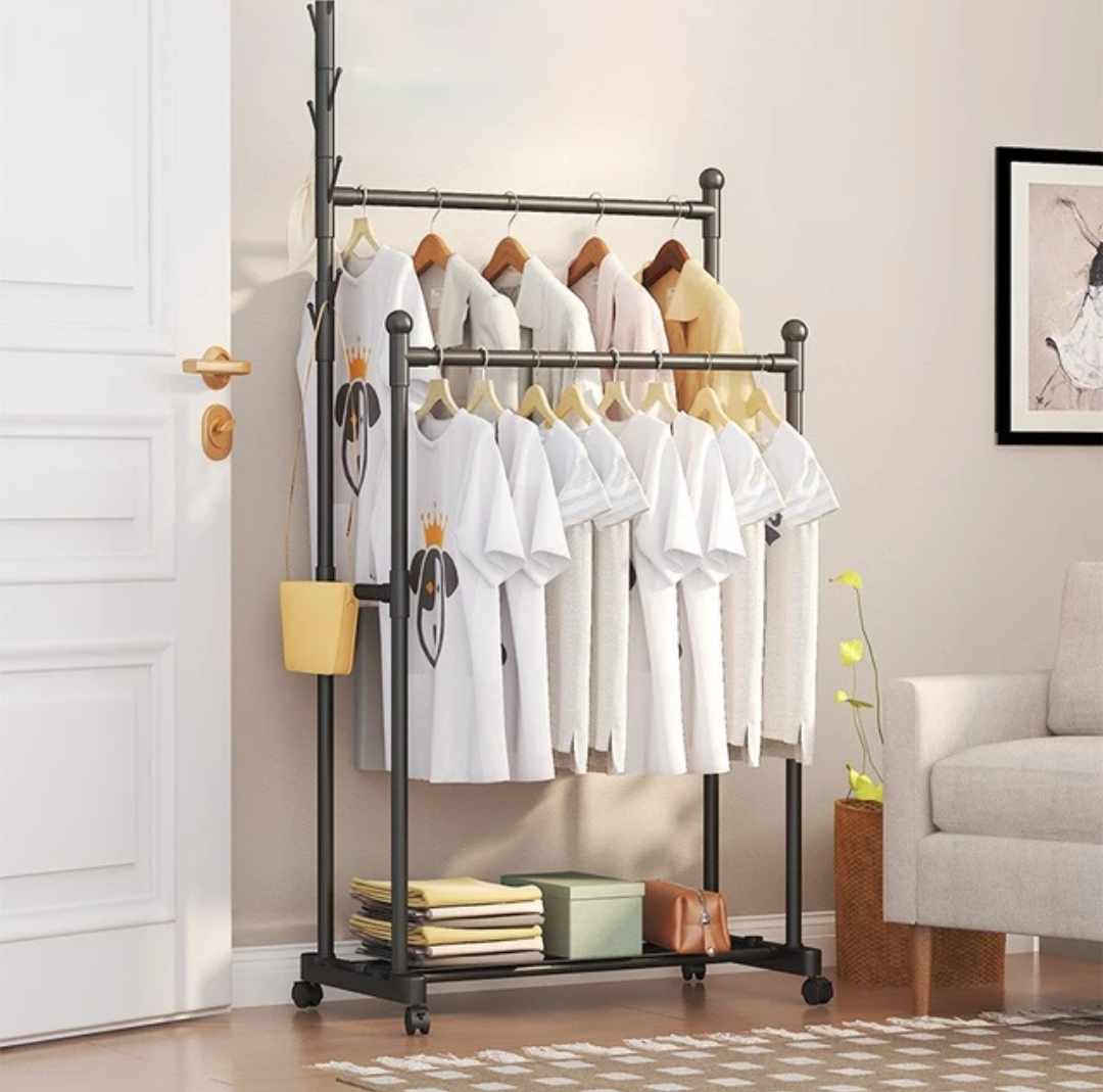 Perchero Organizador Doble de Ropa Estante Zapatero Negro-02