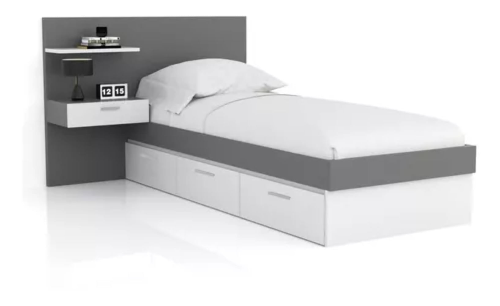 Cama Juvenil 1 Plaza + Cabecera + Mesa de Noche Janeiro color Blanco/Gris 3 cajones TU MESITA
