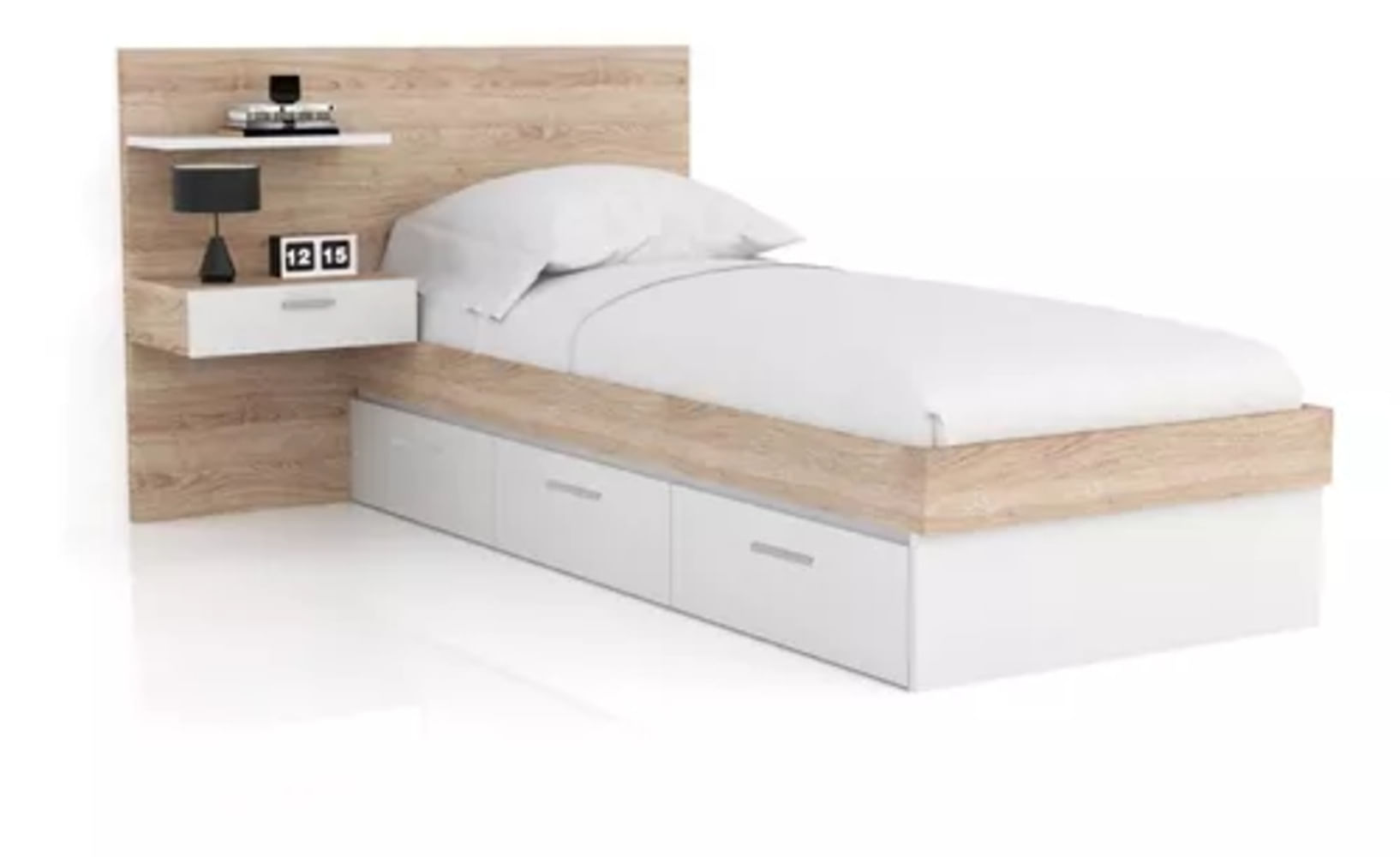Cama Juvenil 1 Plaza + Cabecera + Mesa de Noche Janeiro color Blanco/Duna 3 cajones TU MESITA