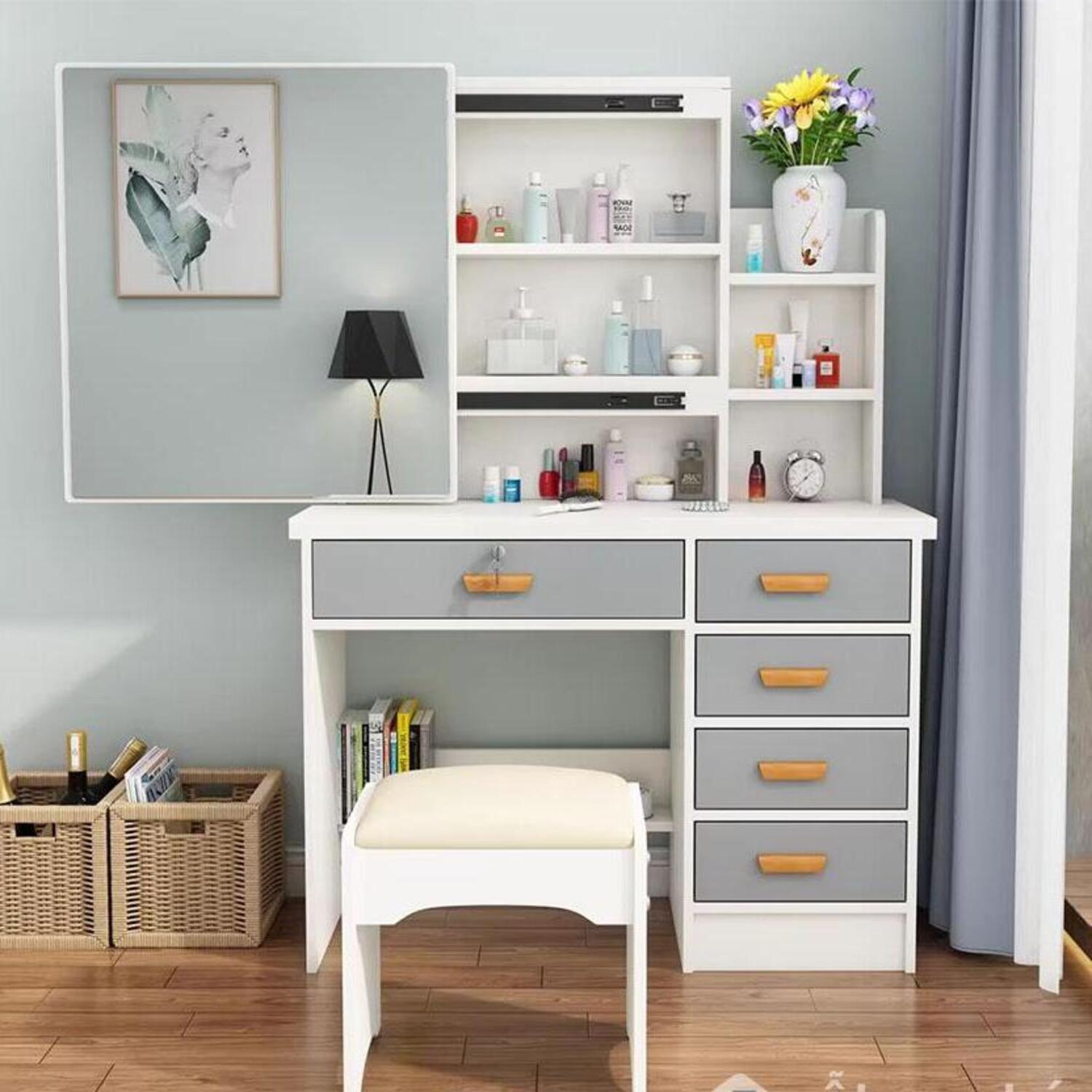 Tocador con Banqueta Moderno Helga Blanco/Gris con Llave R&R MUEBLES
