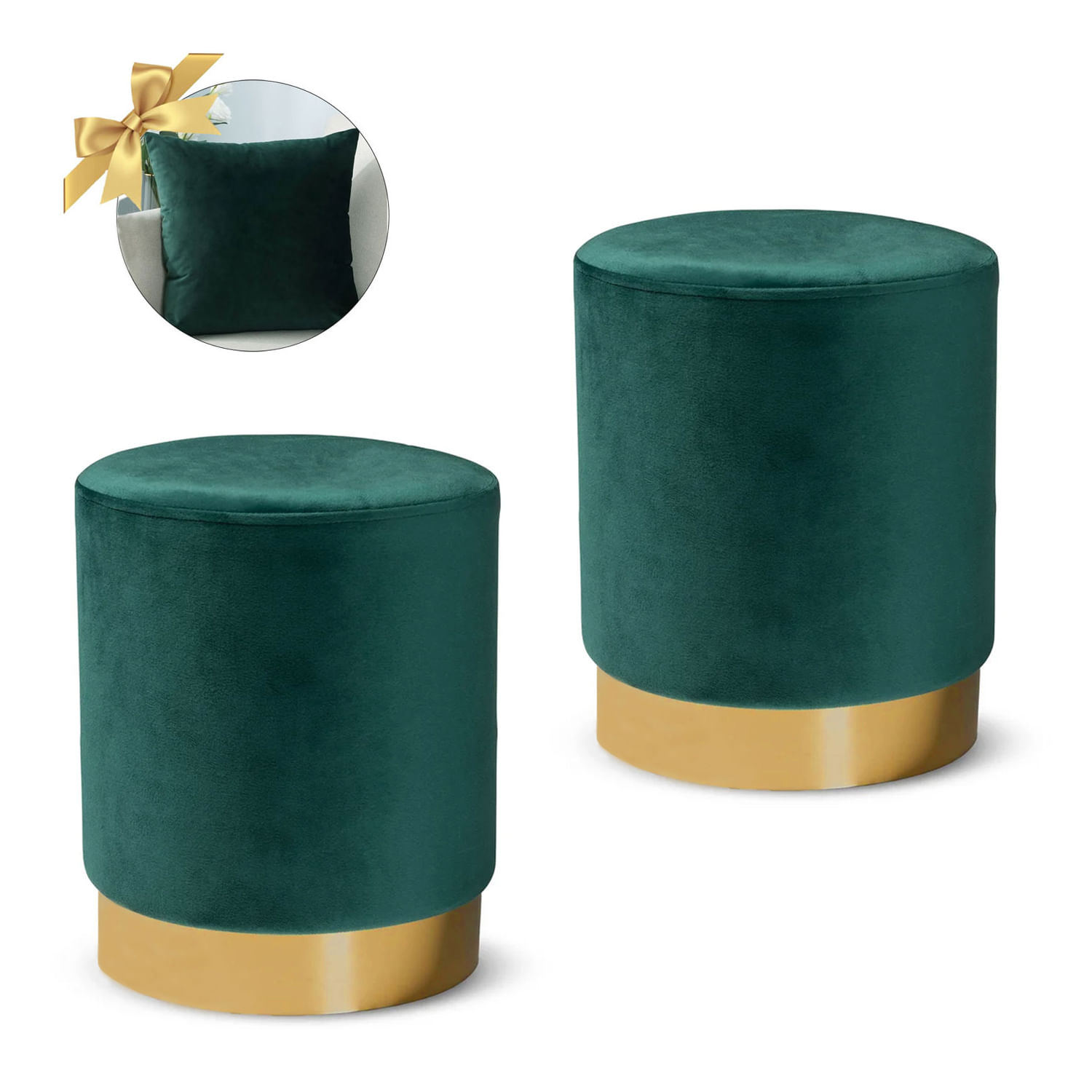 2 Puff Redondo con Base Metálica LeMueble Verde Olivo + 1 Cojín