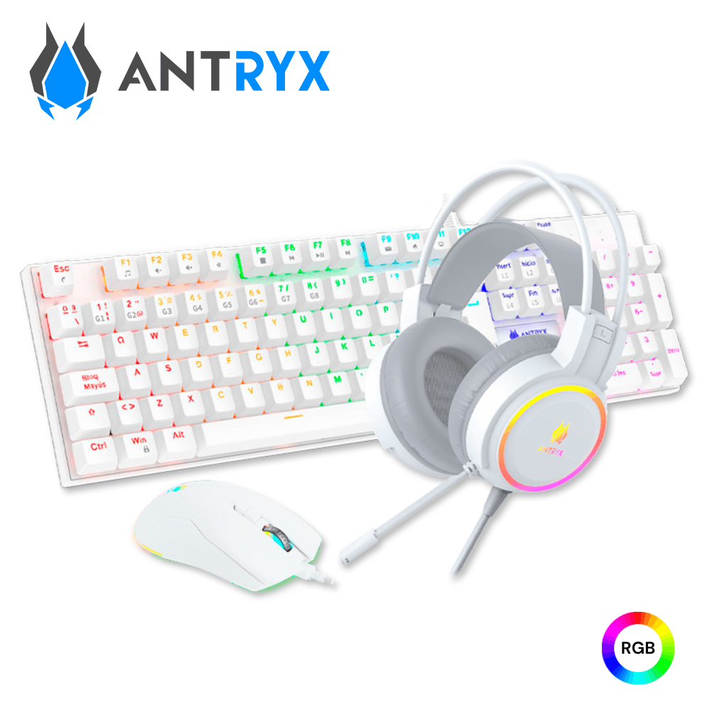 Kit Gaming Antryx Audífono, Teclado y Mouse GC 3100 X3 White Blue Switch