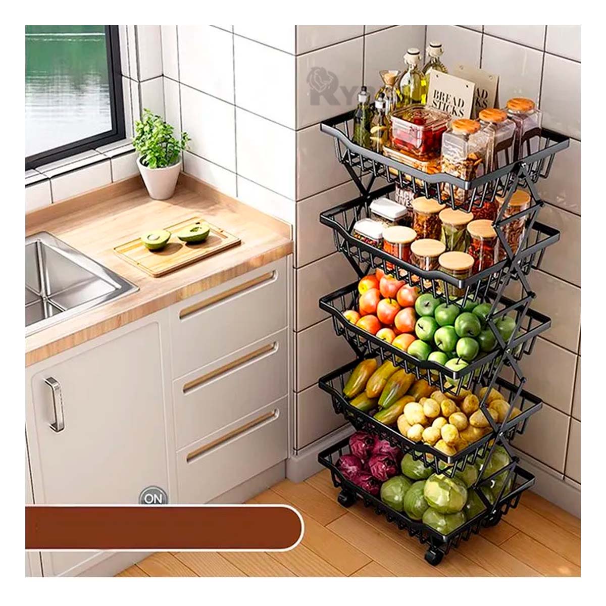 Verdulero Plegable con Ruedas de 5 Niveles en Tono Negro