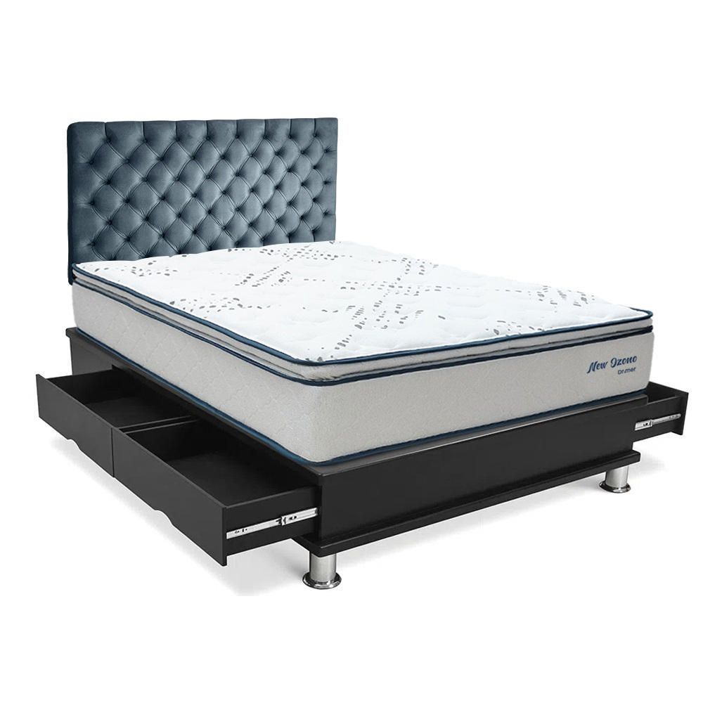 Dormitorio Capitone New Ozono King + Almohadas + Protector Gris