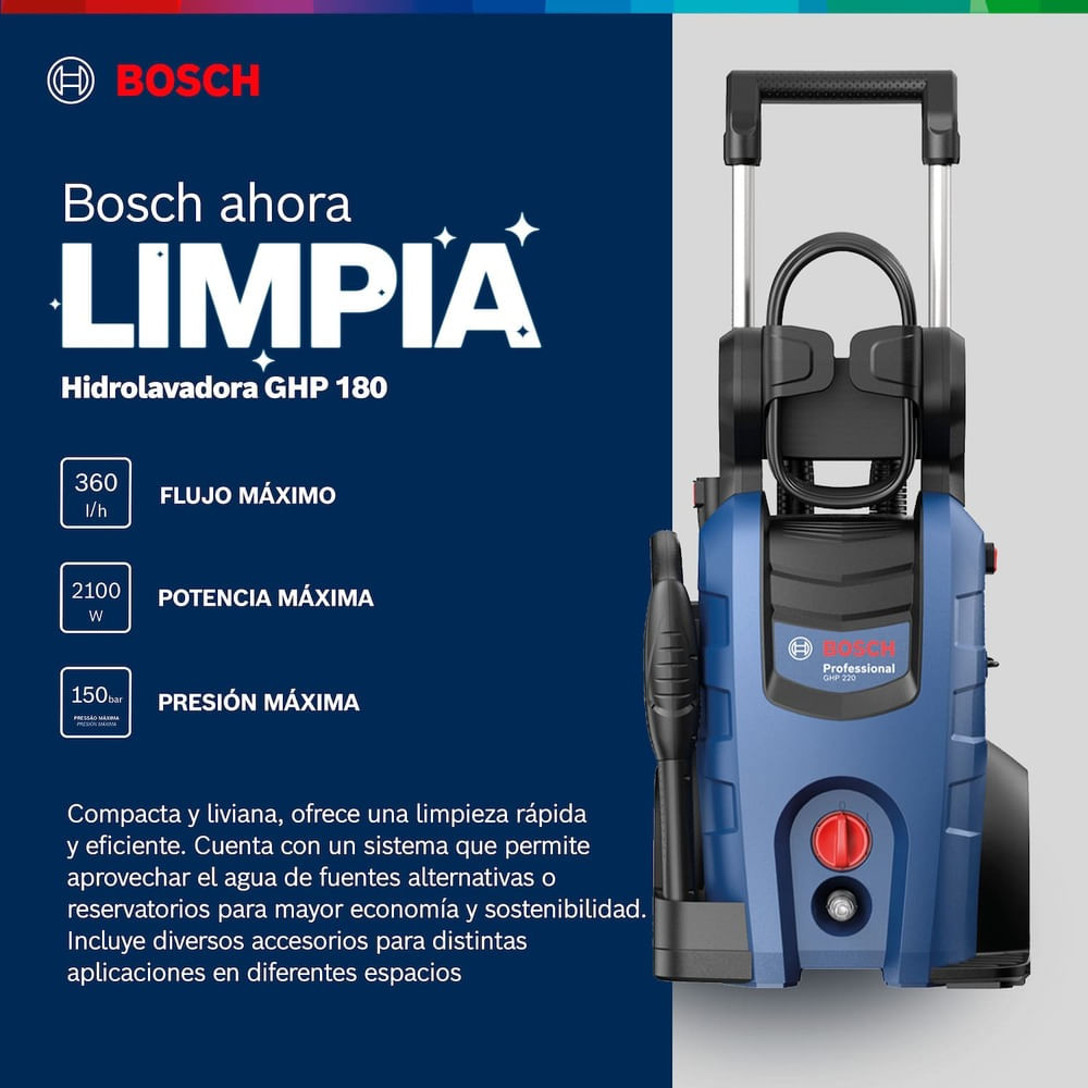 Hidrolavadora Bosch GHP 220 2100W 2200PSI 360L/h Azul - Promart