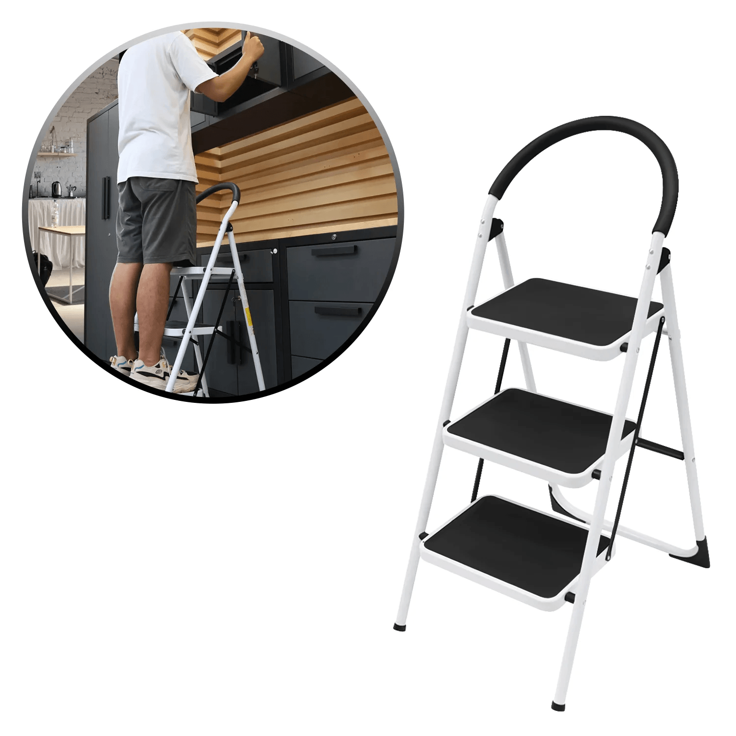 Escalera Plegable Tijeta Acero Resistente y Antideslizante 3 Pasos