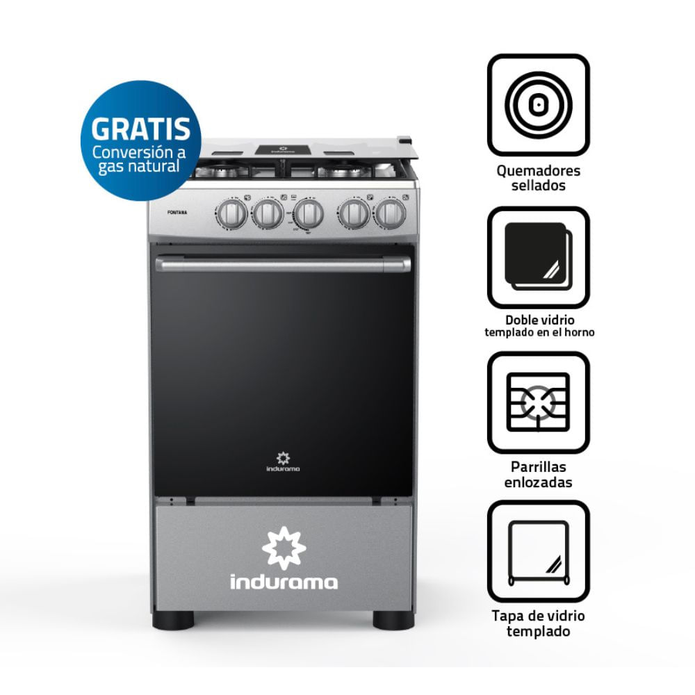 Cocina de Pie a Gas 20"" Indurama Fontana 4 Hornillas Acero Gris | con Horno