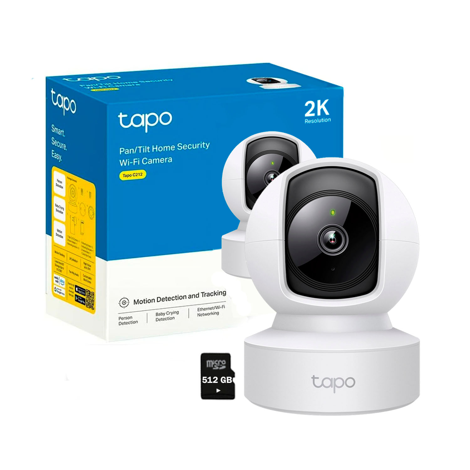 Cámara de Seguridad Tp-Link Tapo C212 2K 3MP Wi-Fi Gira 360 + Micro SD 512GB