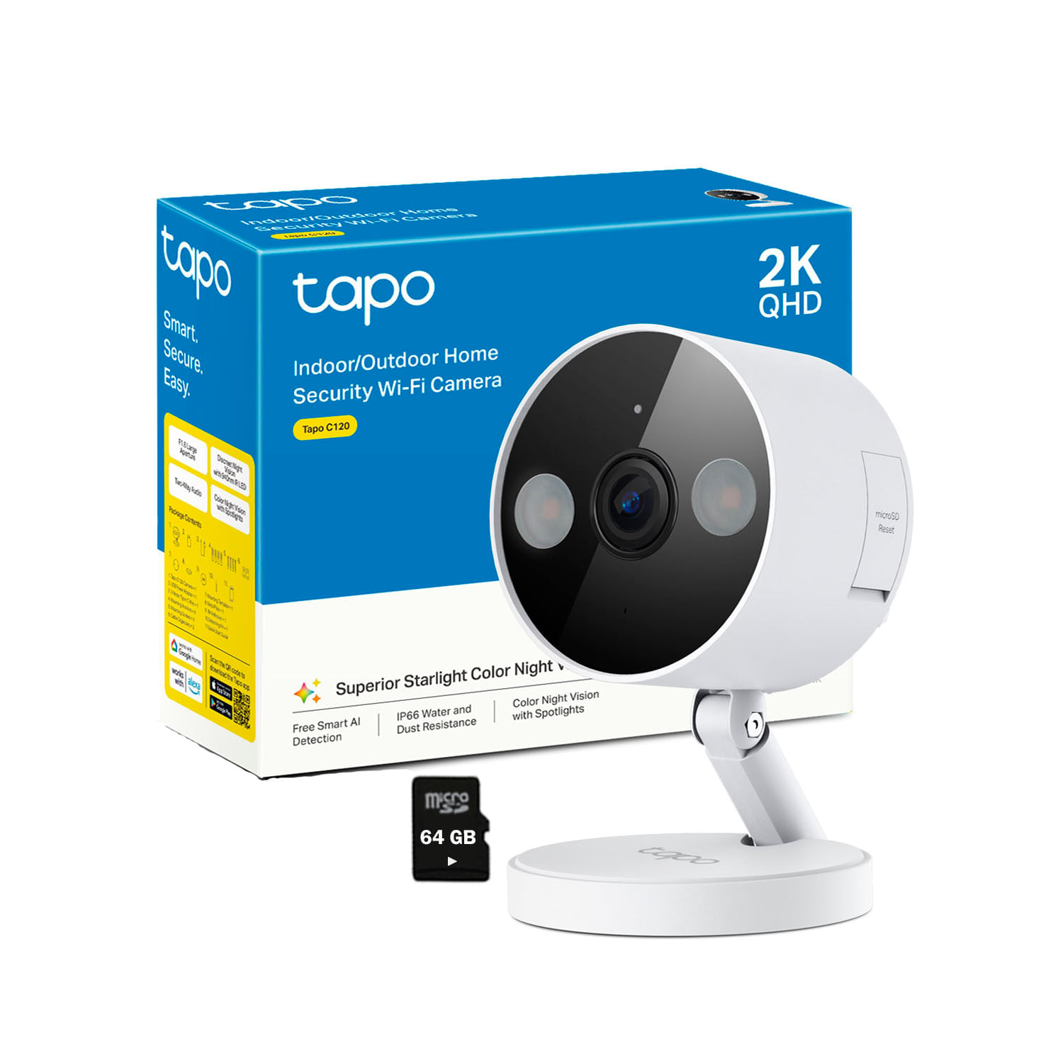 Cámara Seguridad WiFi Tapo C120 4mp 2k Exterior Noche Color 64gb