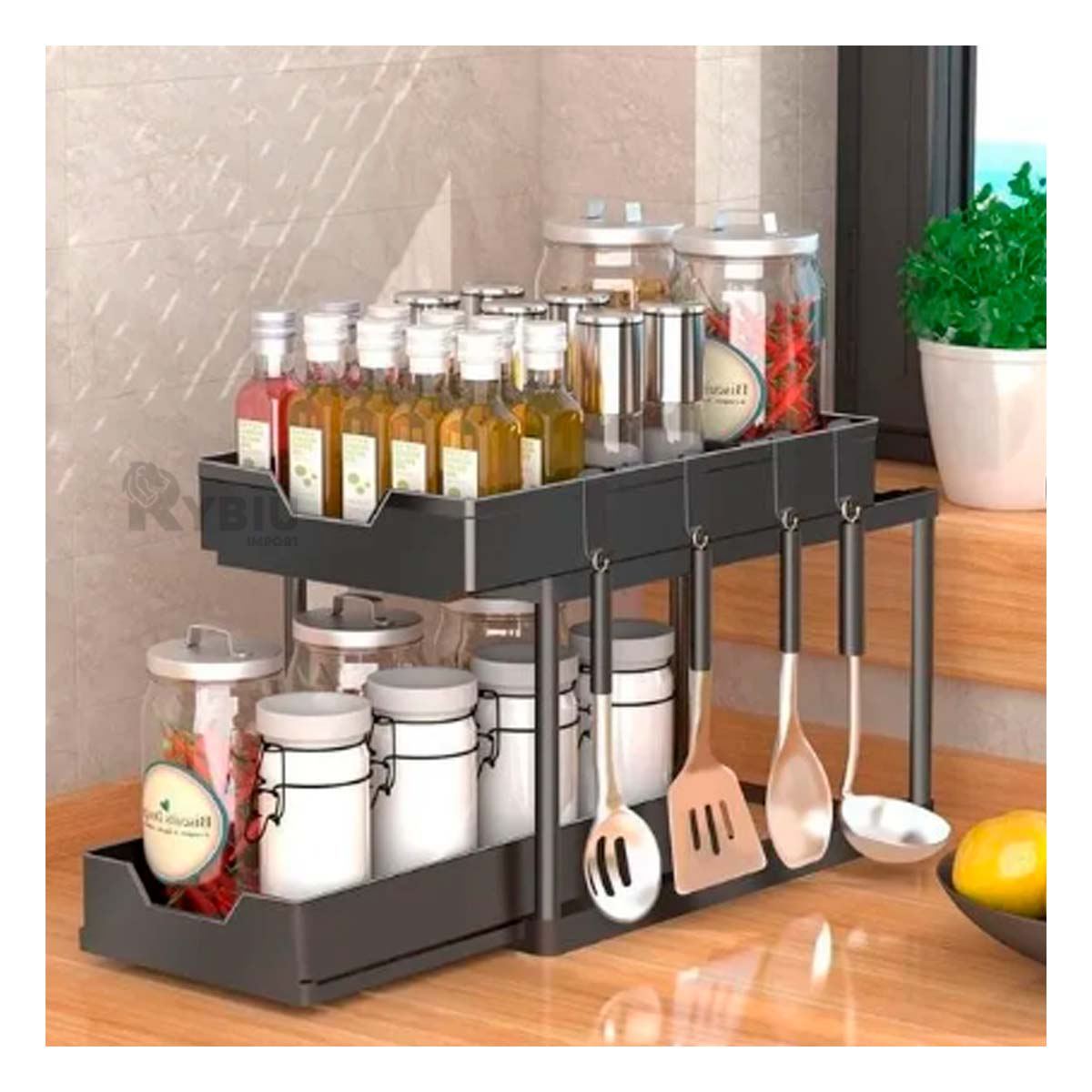 Estante de Cocina 2 Niveles Material Resistente Negro