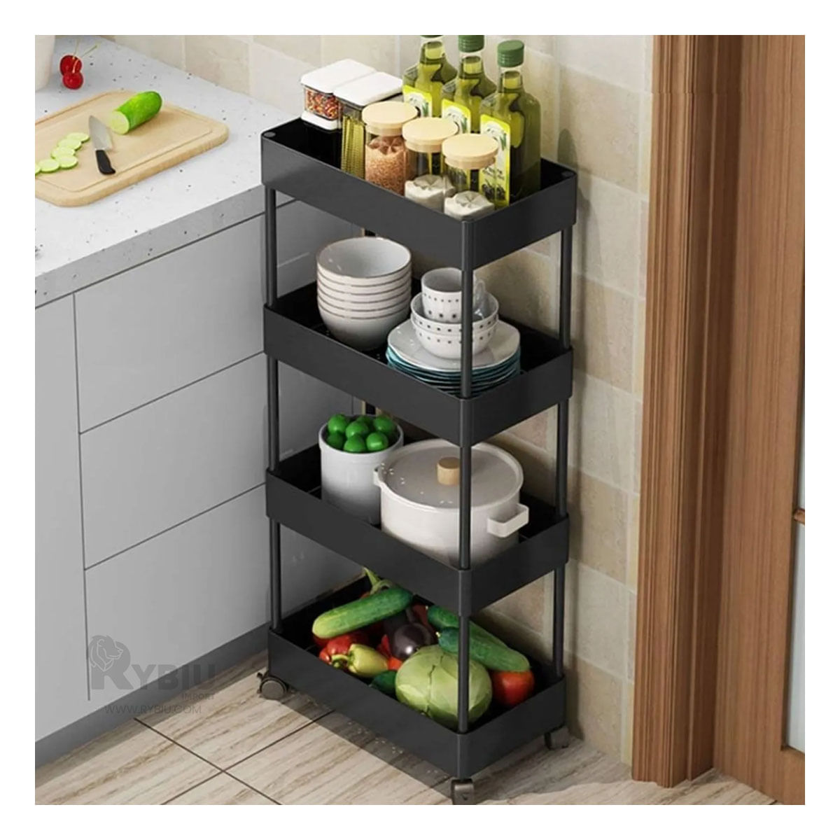 Carrito de Plastico de 4 Niveles de Multiuso y Ideal Negro