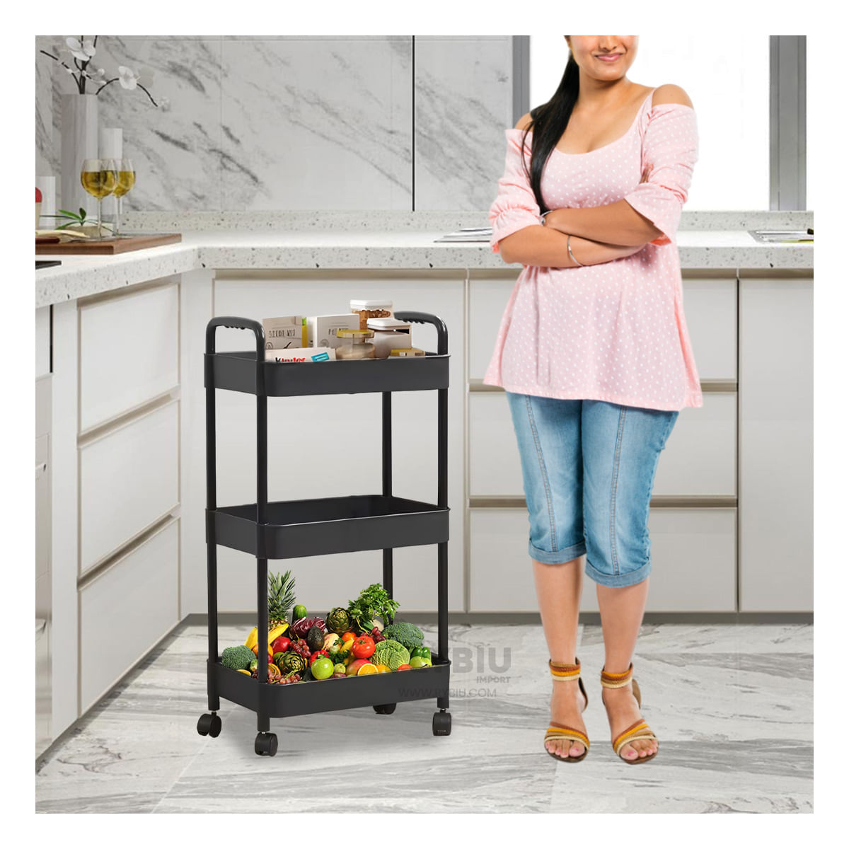 Estante de Cocina 3 Niveles con Ruedas de Color Negro