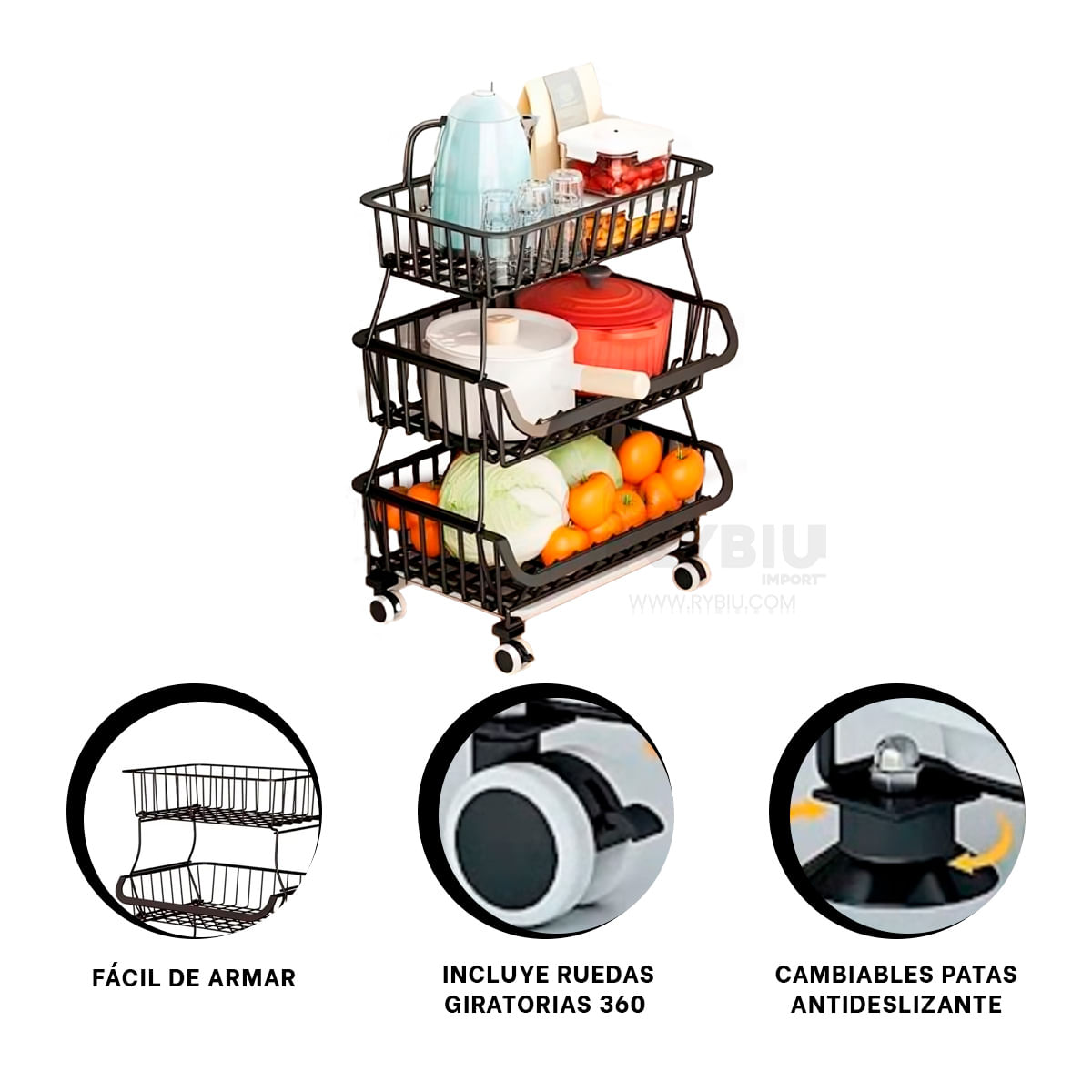 Cesta para Frutas 3 Niveles Diseño Negro Y+Papel de Regalo