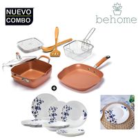 Set de olla y sarten Copper cobre 7 piezas  + Set de 18 Platos BEHOME Ecovidrio  Azulea