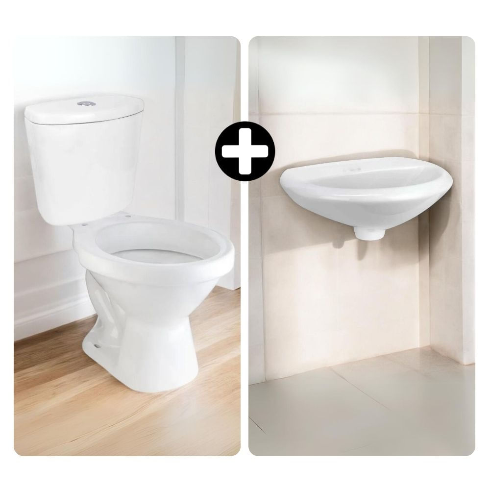 COMBO Trebol: Tanque Eco Premium Blanco + Taza para Inodoro Eco Blanco/Freijo + Lavatorio Eco blanco