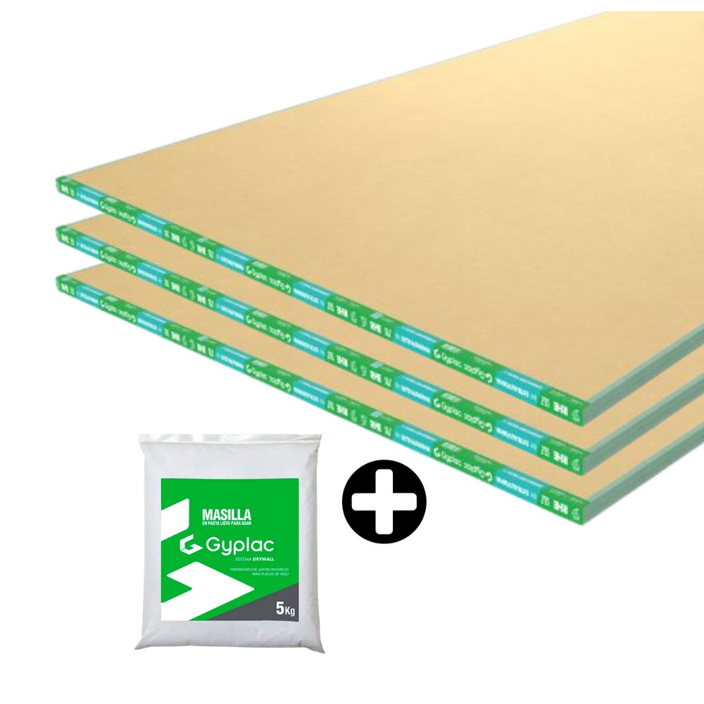 COMBO 6 Placas de yeso Gyplac RH 1/2"" (12.7mm) 1.22m x 2.44m + Masilla para drywall Gyplac Bolsa 5kg
