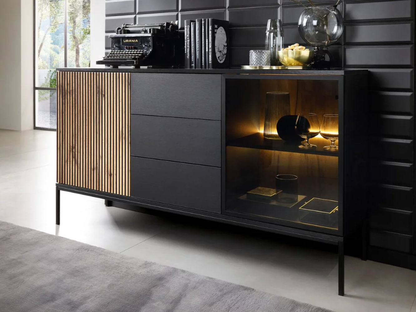 Aparador Moderno Rally con luz LED color Negro/Marrón 3 cajones TU MESITA