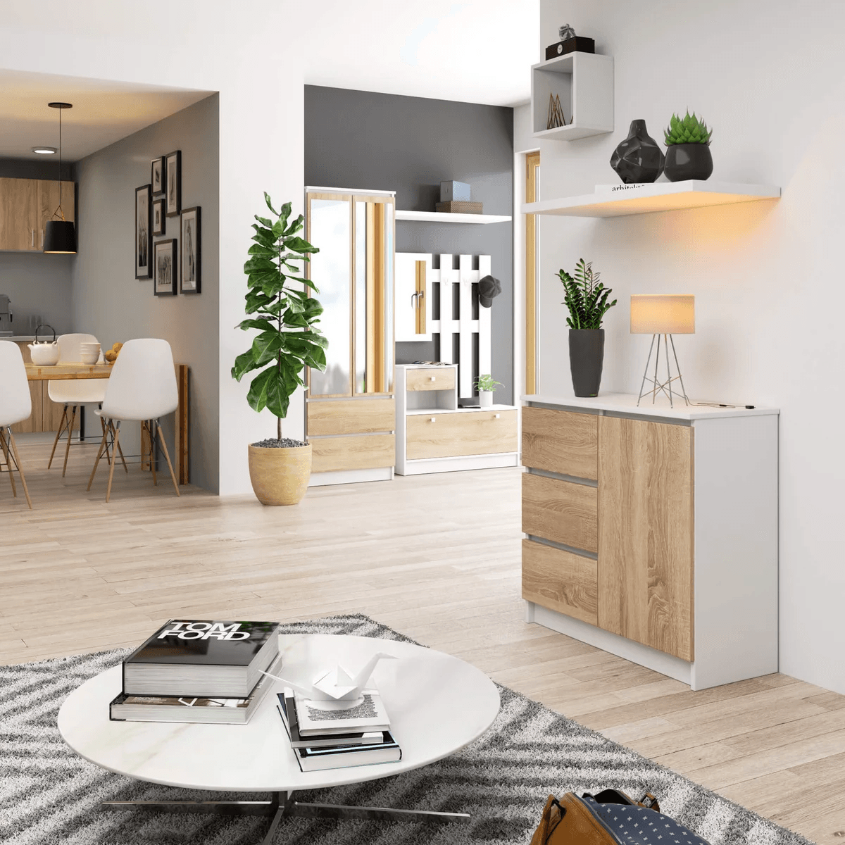 Cómoda Recibidor Jimy color Blanco/Duna 3 cajones 1 puerta TU MESITA