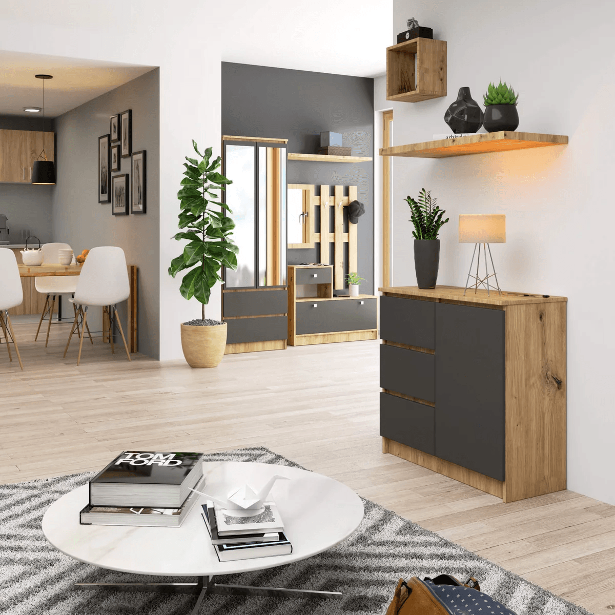 Cómoda Recibidor Jimy color Roble/Negro 3 cajones 1 puerta TU MESITA