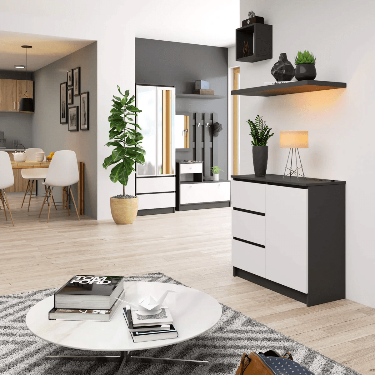 Cómoda Recibidor Jimy color Negro/Blanco 3 cajones 1 puerta TU MESITA