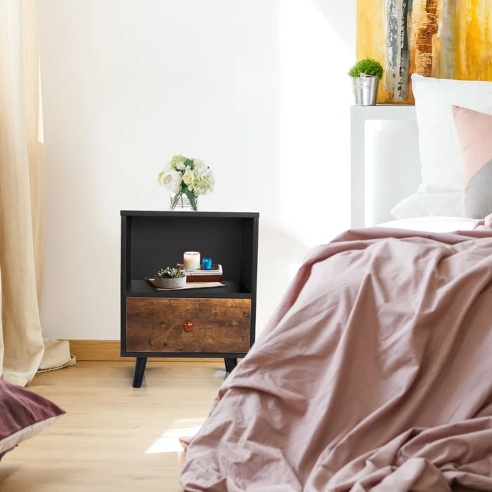 Velador Mesa de Noche Delta color Negro/Marrón 1 cajón TU MESITA