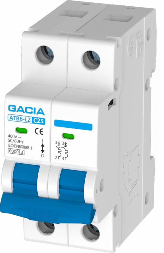 Interruptor Termomagnético Gacia SB6LC 2x25A Blanco con Manija Verde