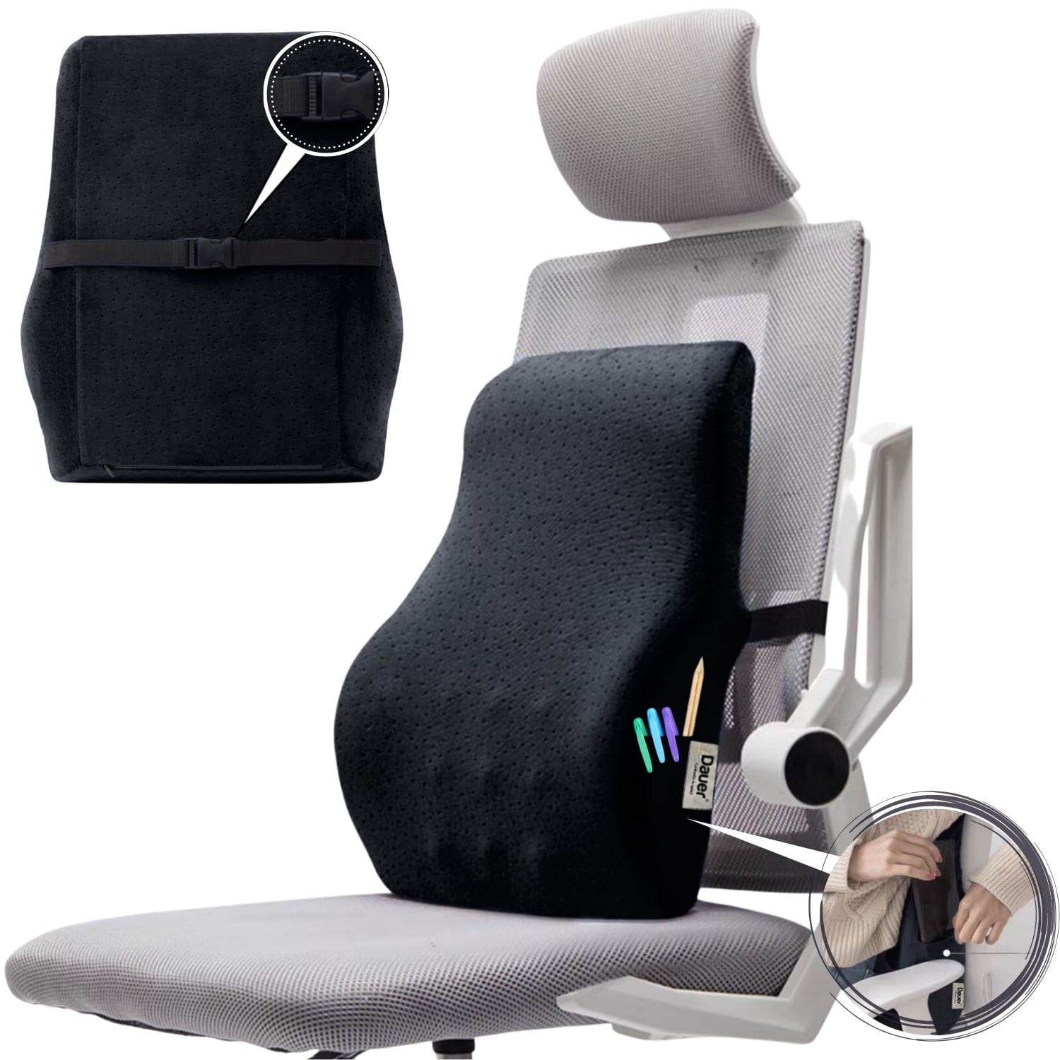 Cojín Lumbar Dauer Ergonómico Viscoelástico con Gel Tech y Bolsillo Lateral Negro