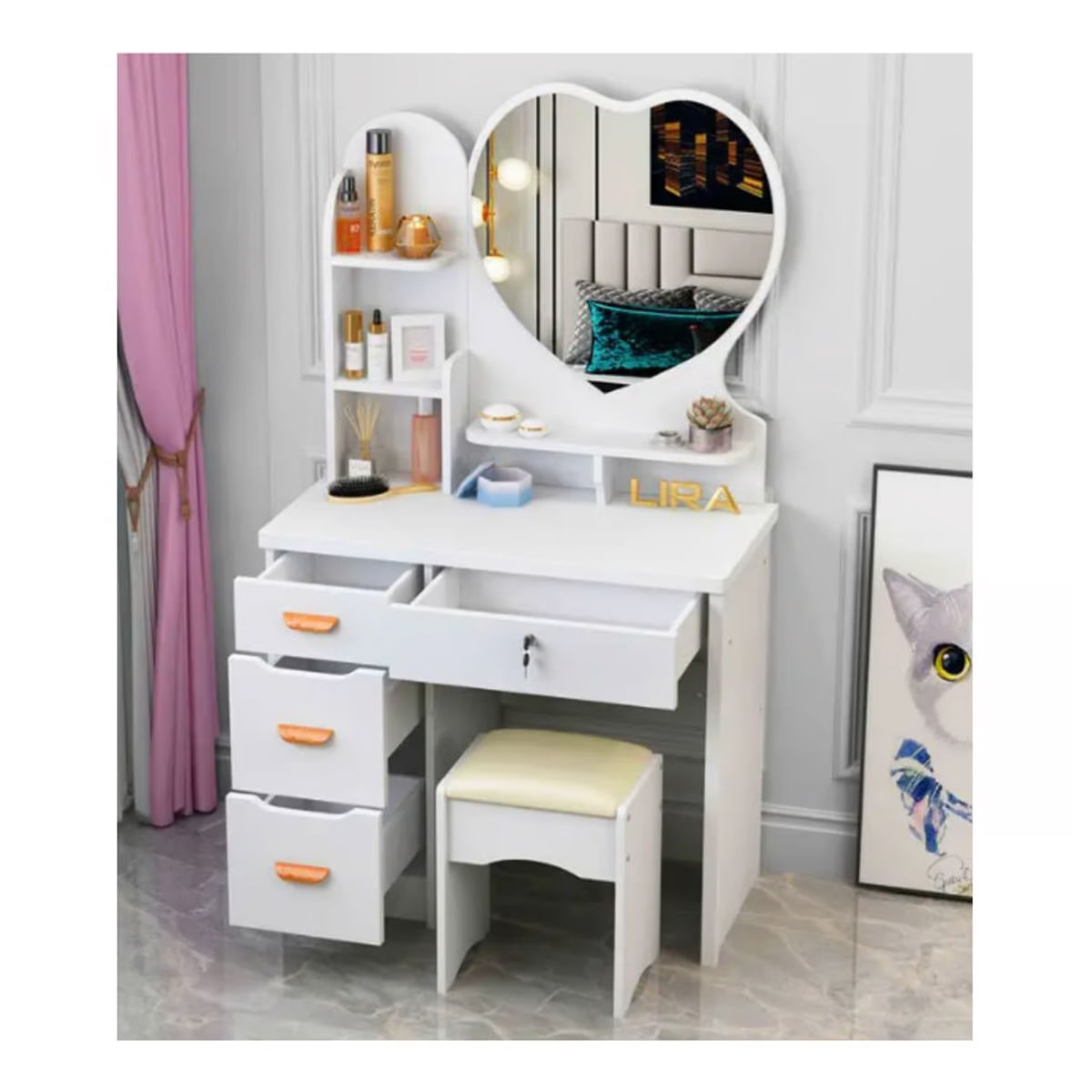 Tocador de Maquillaje Con Espejo Con Taburete Para Dormitorio Blanco