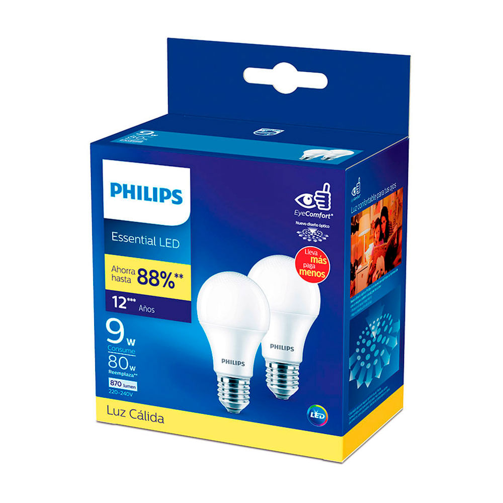 Foco LED Philips E27 9W Luz Cálida x 2 unidades