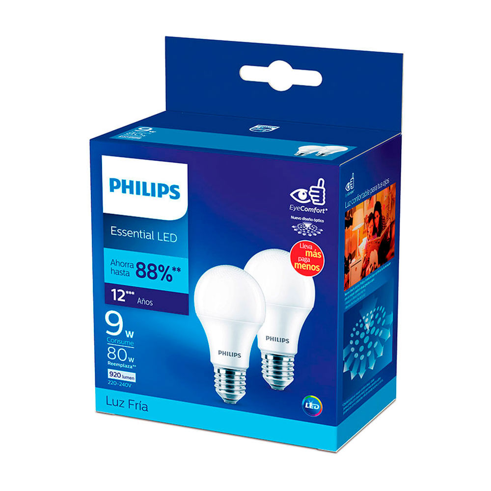 Foco LED Philips Luz Fría E27 9W x 2 unidades