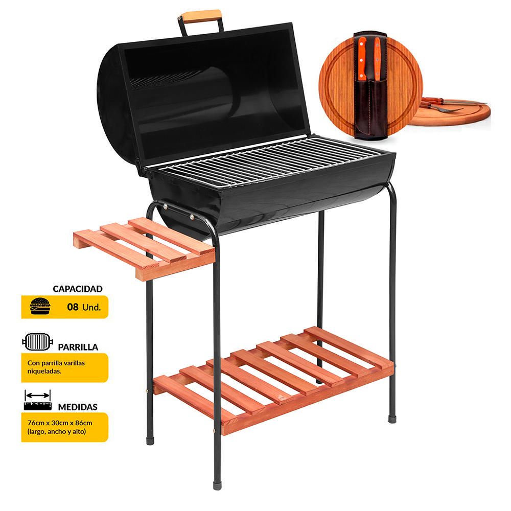 Parrilla Cilíndrica Mr. Grill Con Tapa + Tabla Picar con Cubiertos
