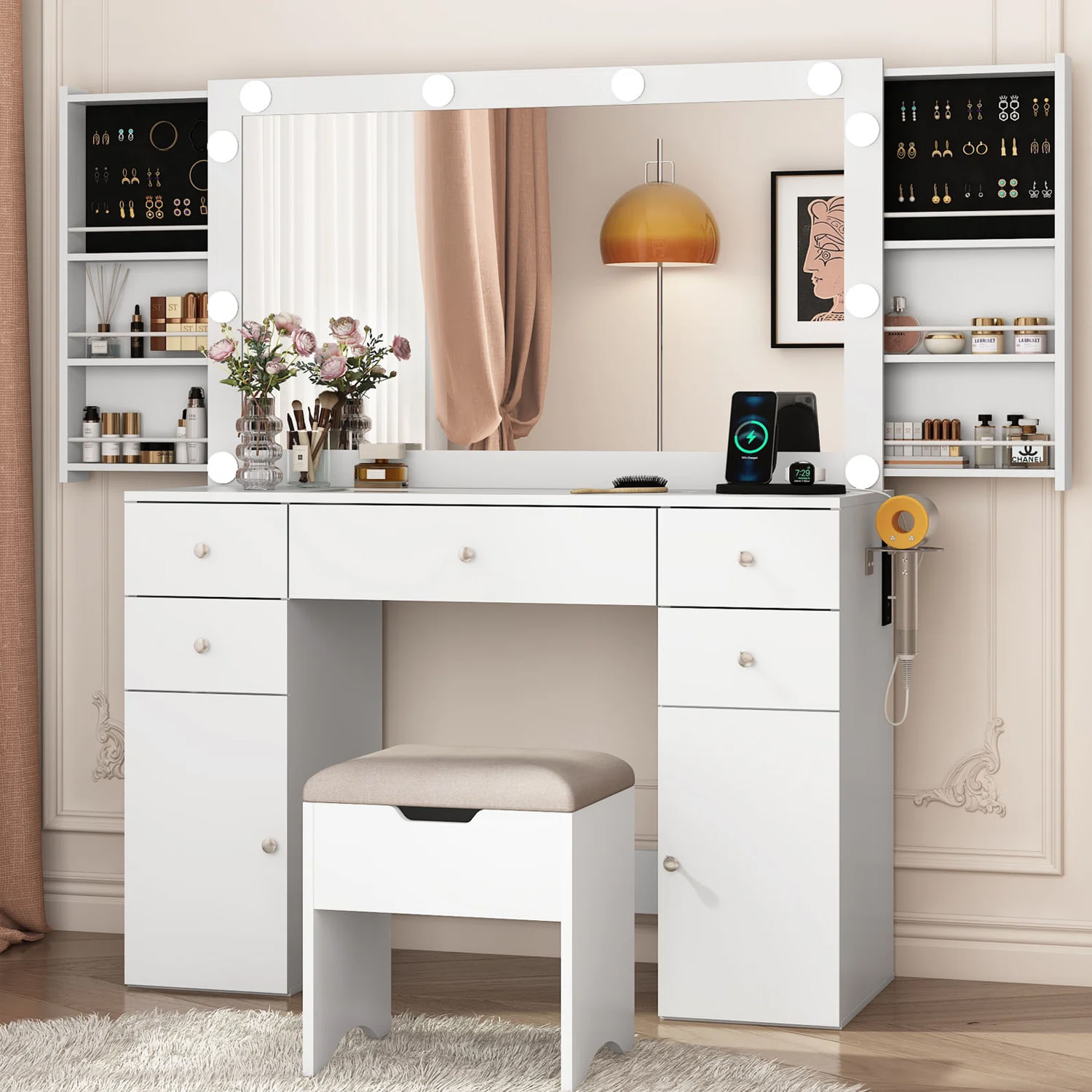 Tocador + Espejo + Banco Venecia Ventitas Home Color Blanco