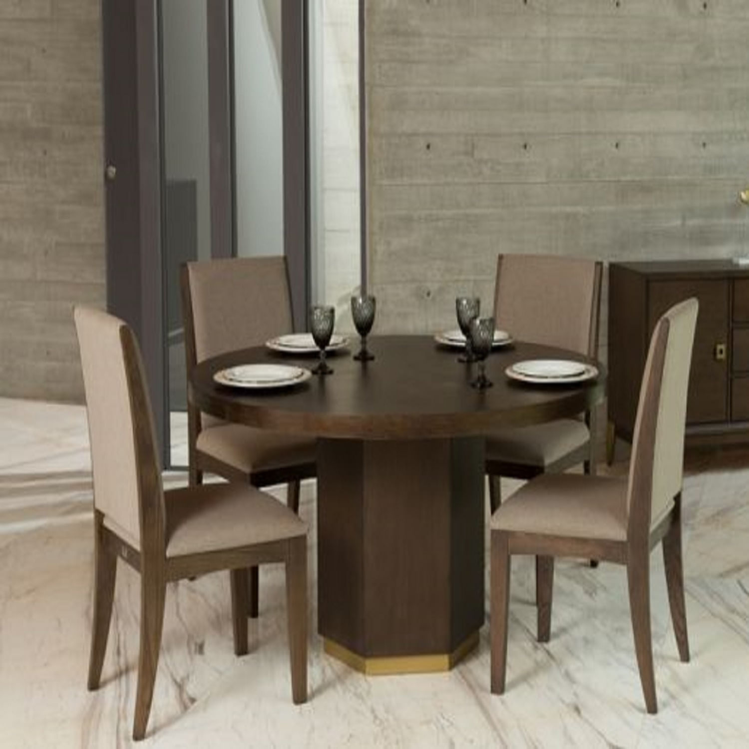 Comedor Dmuebles 4 sillas Redondo - Beige/Nogal oscuro