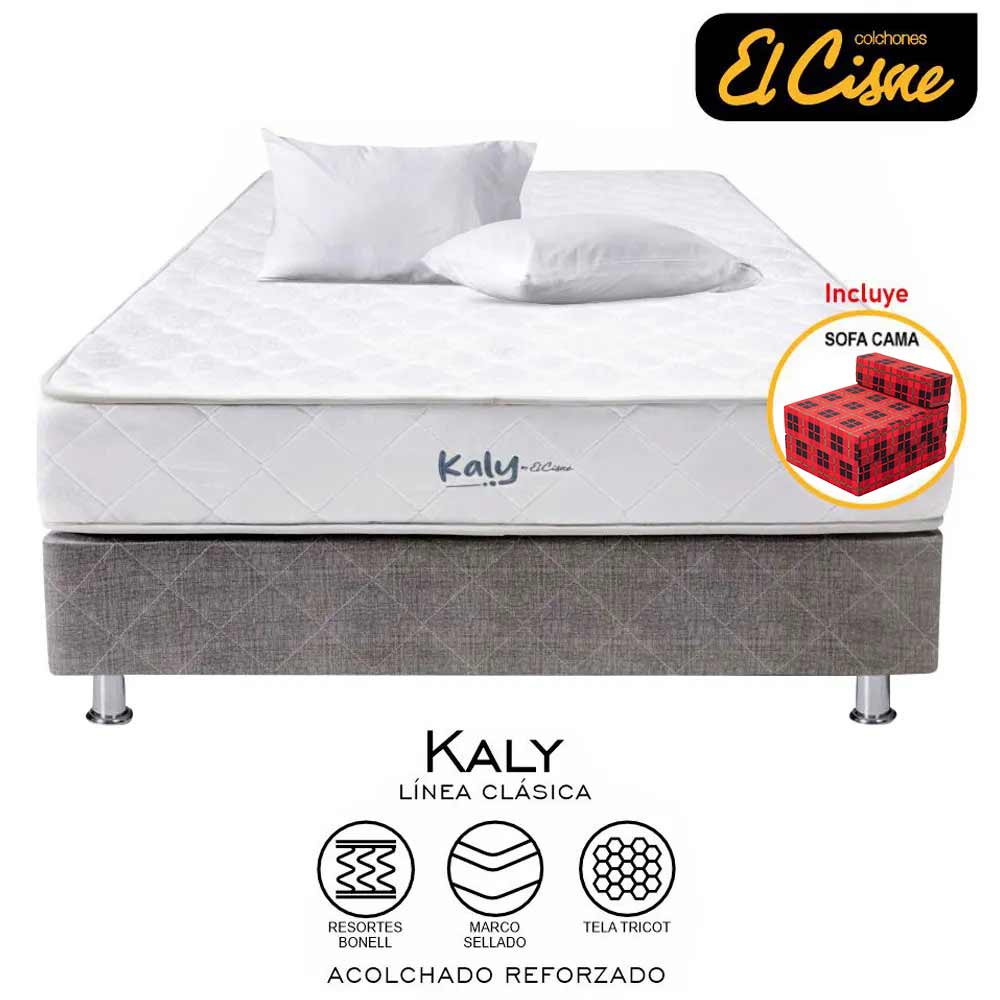 Cama EL CISNE Kaly 2 Plazas + Colchon + Box Tarima + Sofá Cama + 02 Almohadas