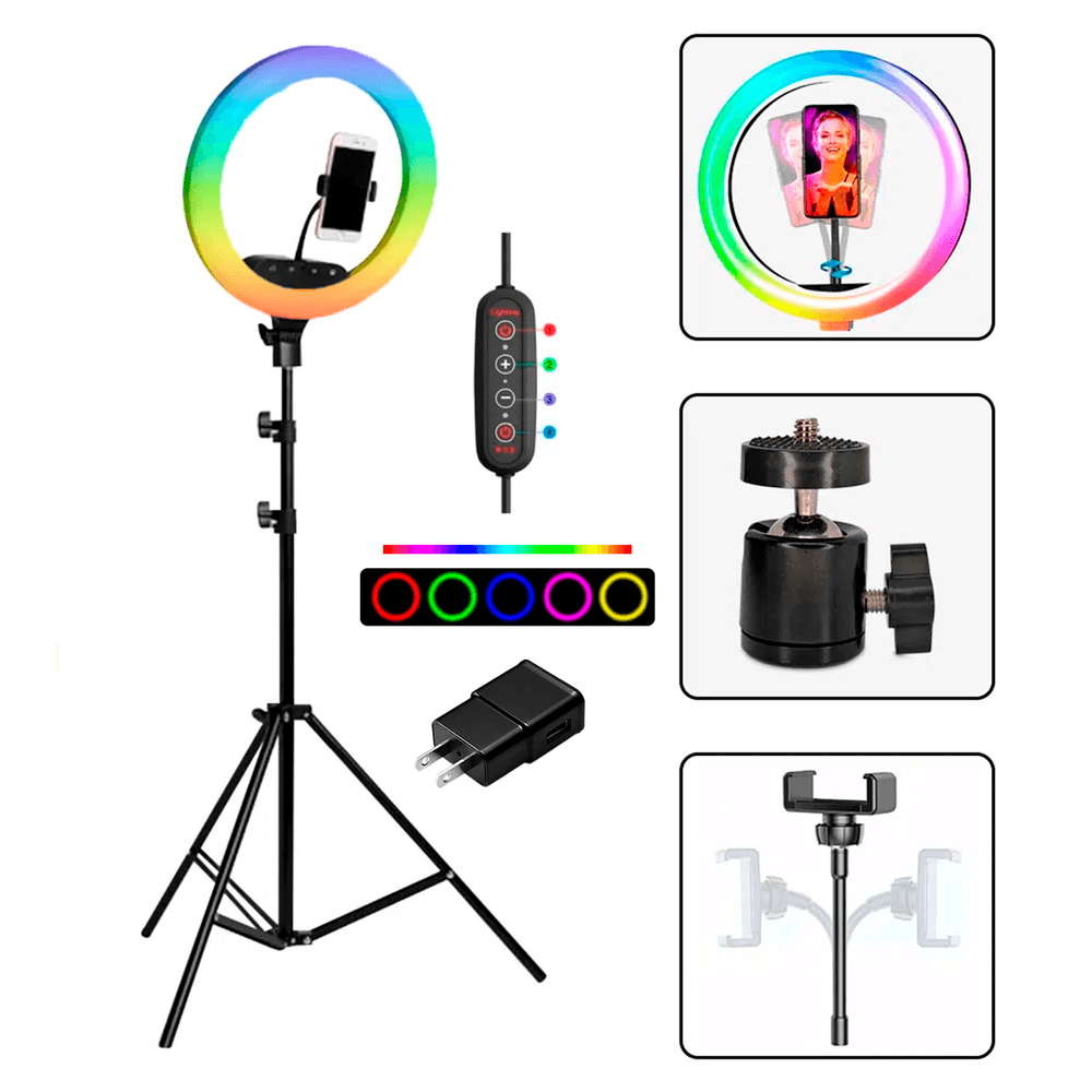 Aro De Luz Rgb 33cm para TikTok Redes Trípode 210cm Cargador Aro De Luz Rgb 33cm para TikTok Redes Trípode 210cm Cargador