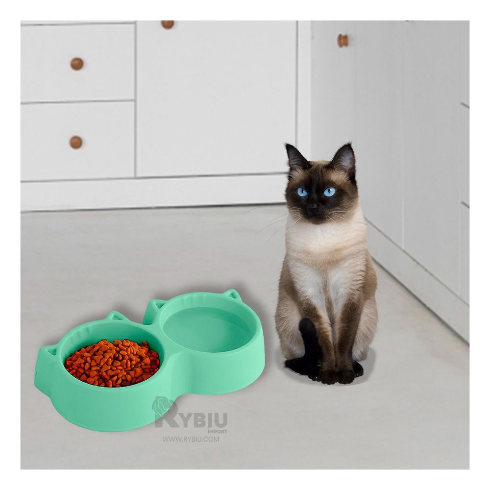 Plato Doble Forma de Orejitas para Gato Color Verde Plato Doble Forma de Orejitas para Gato Color Verde